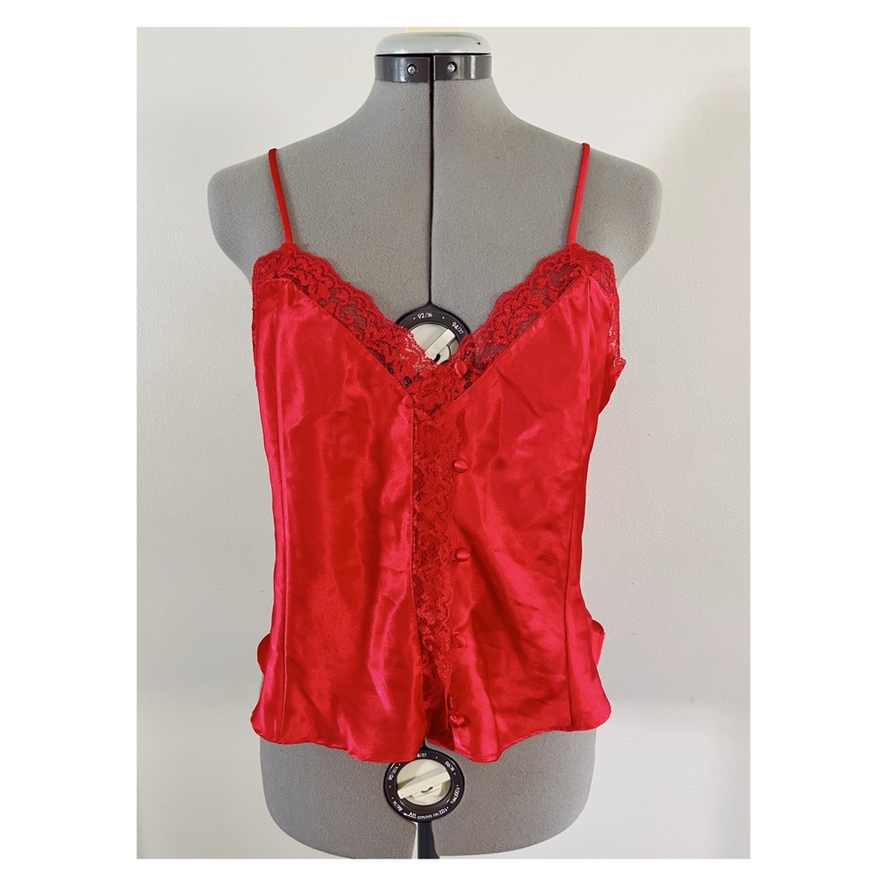 VTG Victoria's Secret Sz M Red Satin and Lace Button Front Tank Chemise